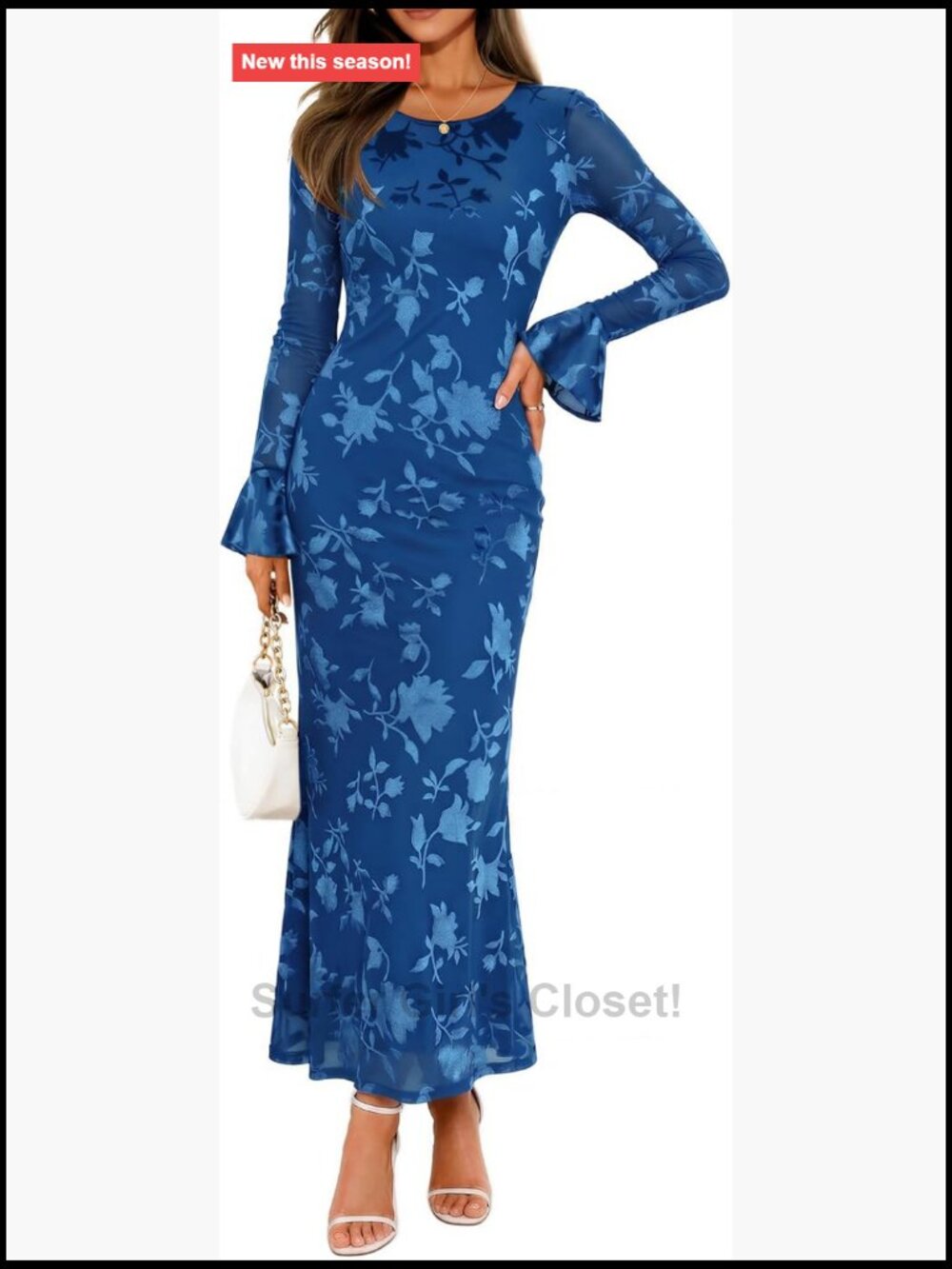 Fluted Bell Sleeve Floral Bodycon Maxi Dress Wedding Guest Long Sleeve